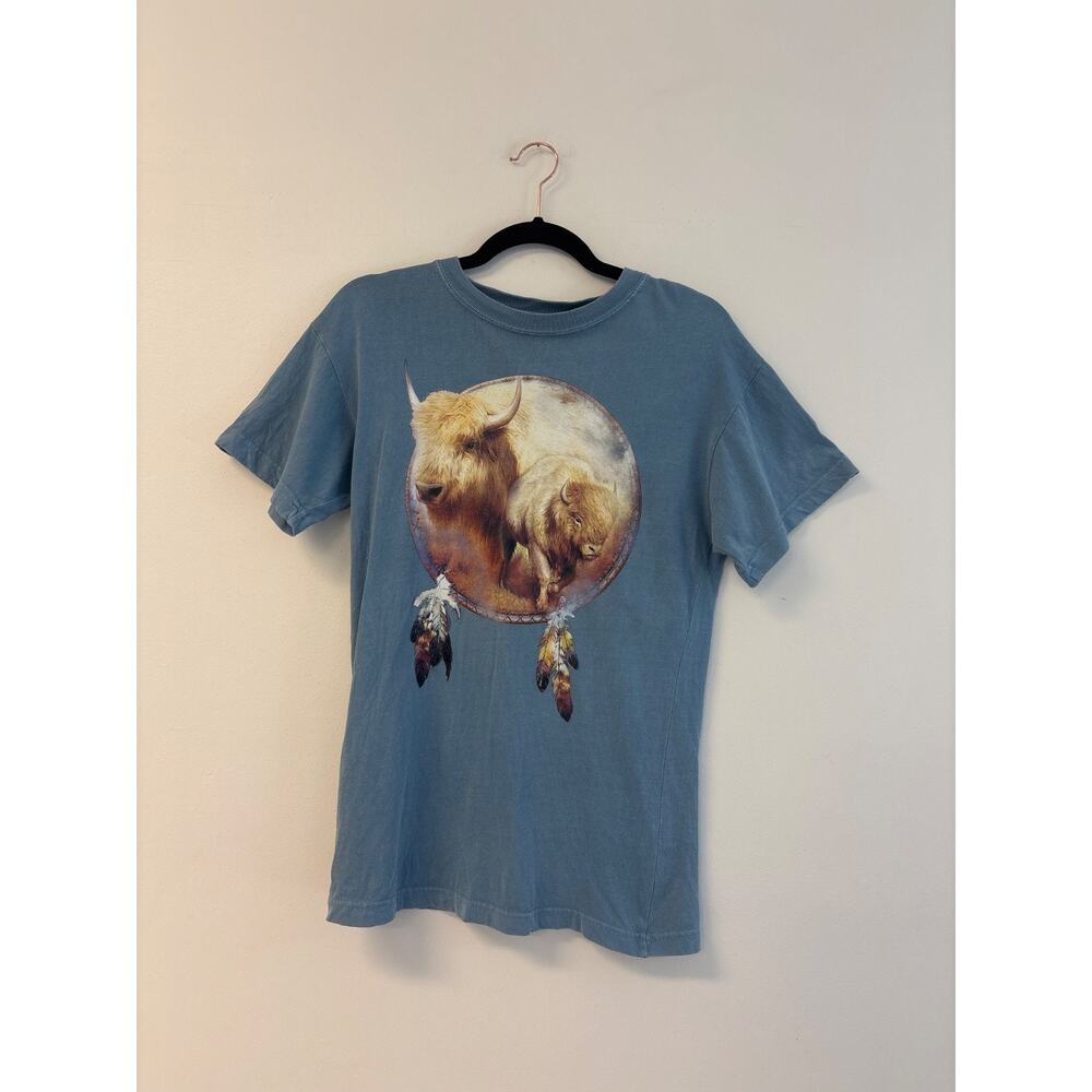 Zero Gravitee Buffalo Bison Graphic T-Shirt Blue Western Nature Cotton Small